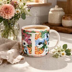 Anthropologie Floral Initial ‘ L ‘ Mug Monogram Coffee Tea Cup Colorful